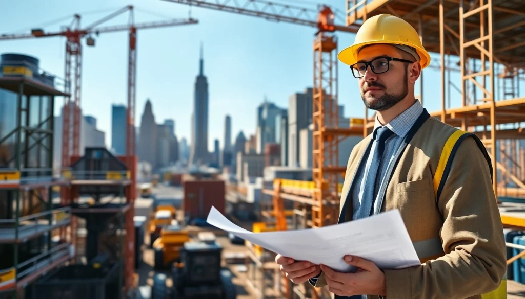 New York City Construction Manager supervising a construction project in an urban environment.