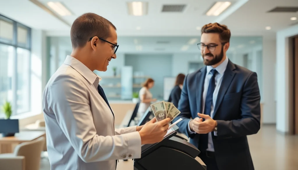 Menggambarkan proses deposit 1k yang aman di kantor bank modern.