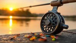 Fly fishing combo neatly displayed near a tranquil lake, emphasizing quality and adventure.