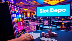 Rasakan sensasi bermain Slot Depo 5rb di kasino mewah, menampilkan mesin slot yang penuh warna dan aksi taruhan yang seru.