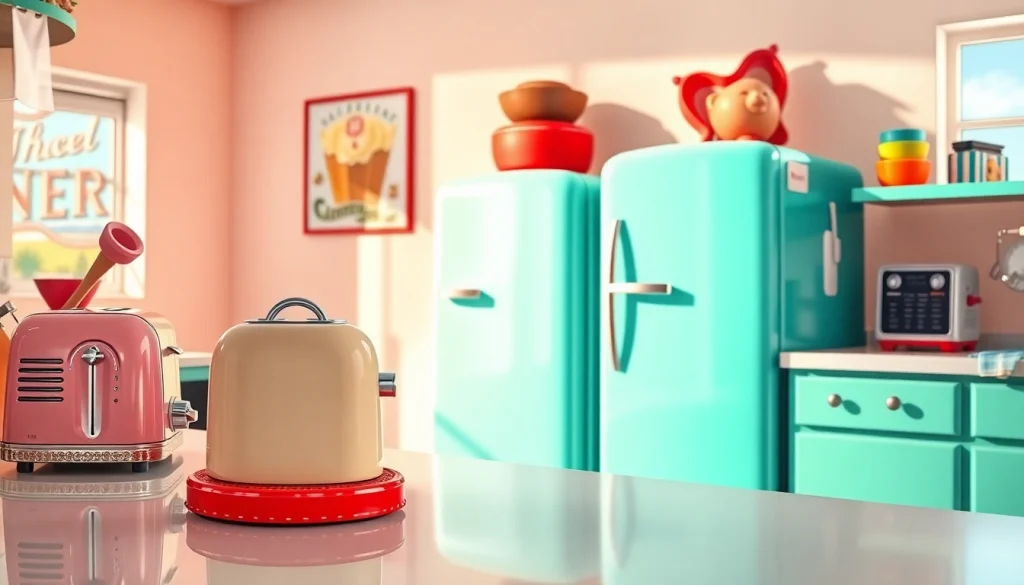 Bright turquoise retro appliance refrigerator and vintage kitchen equipment set in nostalgic decor.