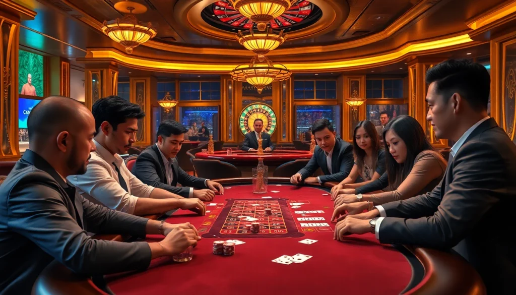 Bangsawan88-inspired poker scene showcasing a high-stakes game with vibrant players and luxurious casino ambiance.