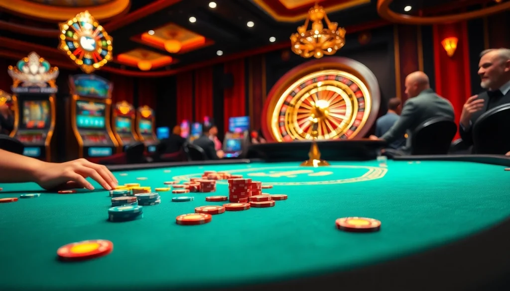 Scène excitante de joueurs à une table de poker dans un luxueux casino en ligne français avec des jetons et des cartes.