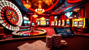 Jeu palpitant dans un casino en ligne Français avec des jetons de poker et une roue de roulette.