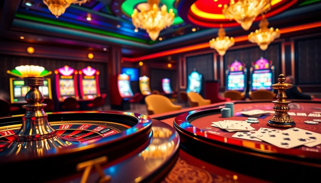 Une expérience de jeu captivante dans un luxueux casino en ligne français avec roulette, cartes et jetons.