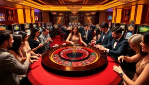 Atmosphère excitante d'un casino en ligne Français avec des joueurs engagés à une table de roulette