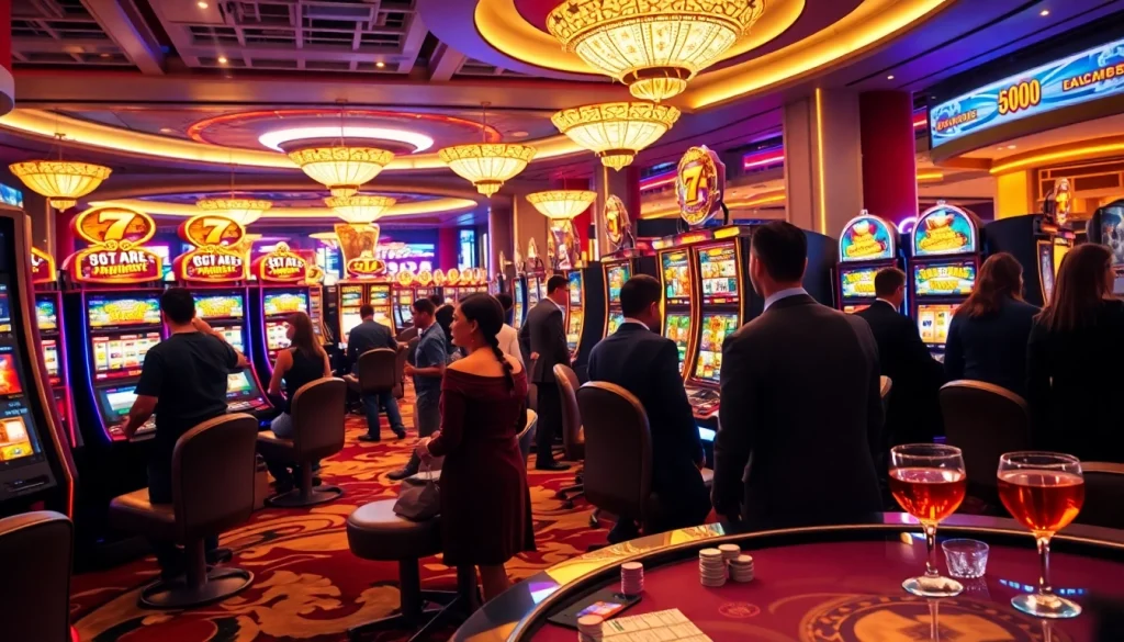 A bustling casino scene featuring players on slot gacor machines, showcasing excitement and vibrant energy.