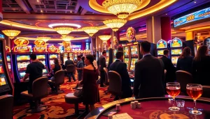 A bustling casino scene featuring players on slot gacor machines, showcasing excitement and vibrant energy.
