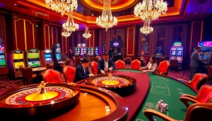 Thrilling players enjoying an exciting game at the RR99 casino with vibrant slot machines.