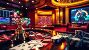 Vivez l'excitation de gagner au casino en ligne France avec des jetons de poker colorés et une roue de la roulette.