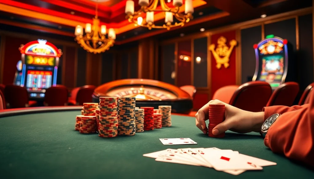 Un joueur profitant d'une expérience de jeu immersive dans un casino en ligne Français luxueux avec des jetons de poker et des tables engageantes.