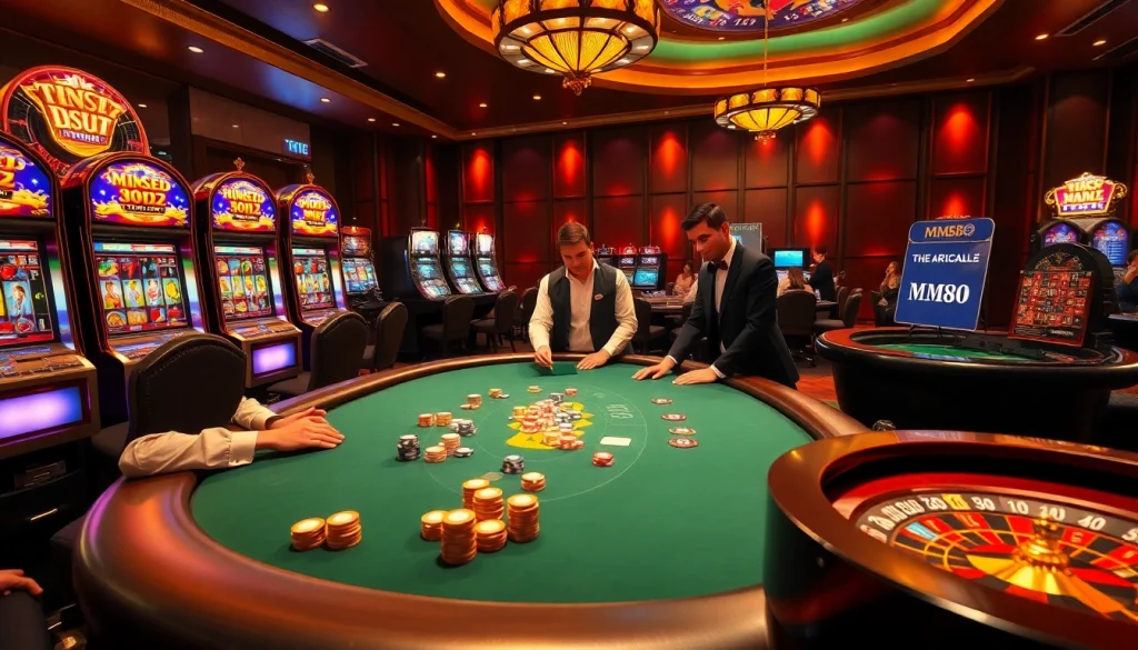 Exciting MM88 casino scene with poker table, colorful chips, and casino lights.