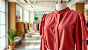 kleurrijke stof voor blouse op een mannequin in een stijlvolle boutique