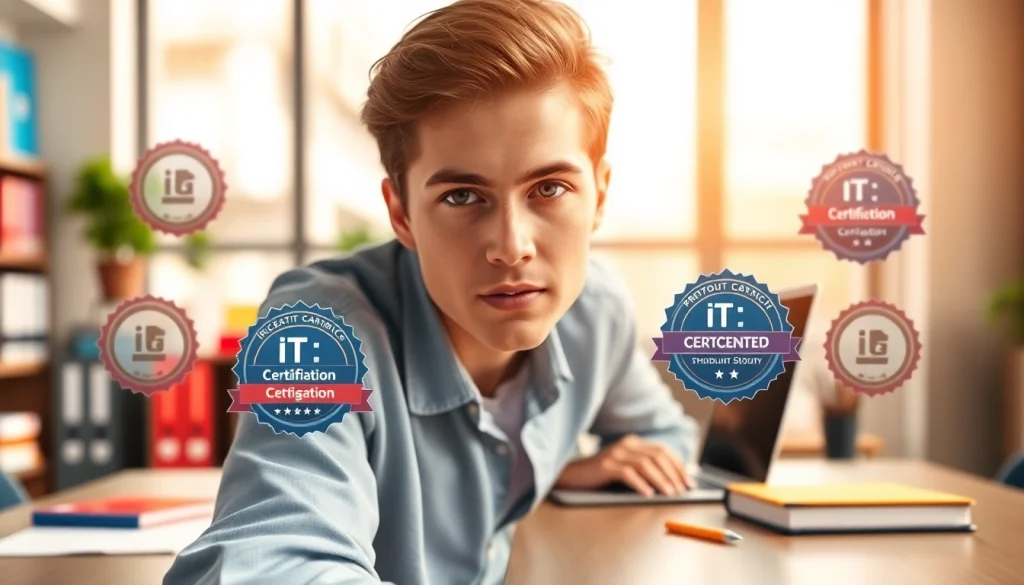 Engaged student showcasing IT certifications without studying in a dynamic study space.