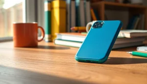 Handytasche Lehrer auf einem Schreibtisch mit Schulmaterialien und natürlichem Licht.