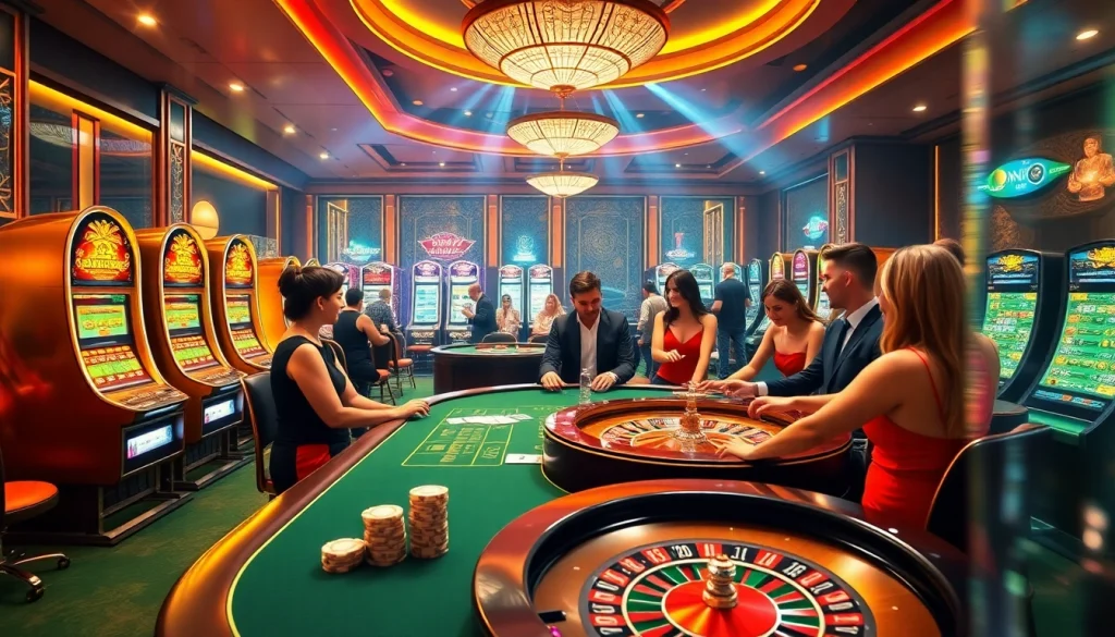 Expérience de jeu en ligne passionnante dans un casino en ligne France, avec des tables de poker et des machines à sous vibrantes.
