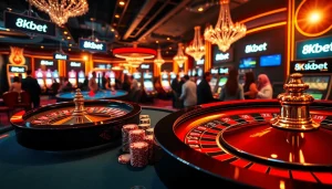 Experience the excitement of 8kbet with vibrant casino visuals showcasing players at tables and slots.