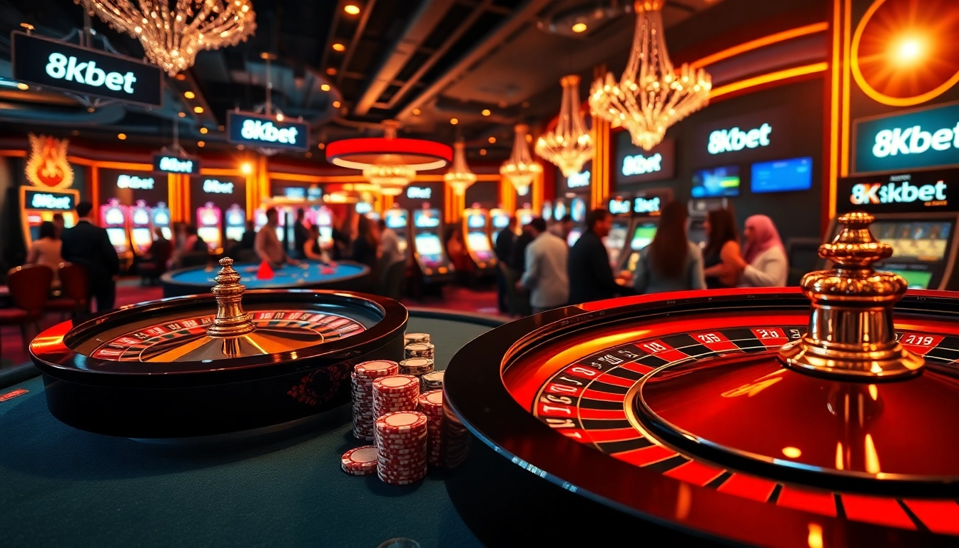 Experience the excitement of 8kbet with vibrant casino visuals showcasing players at tables and slots.
