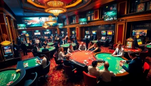 Scène de jeu passionnante mettant en avant le casino en ligne Français avec des joueurs profitant du poker et de la roulette.