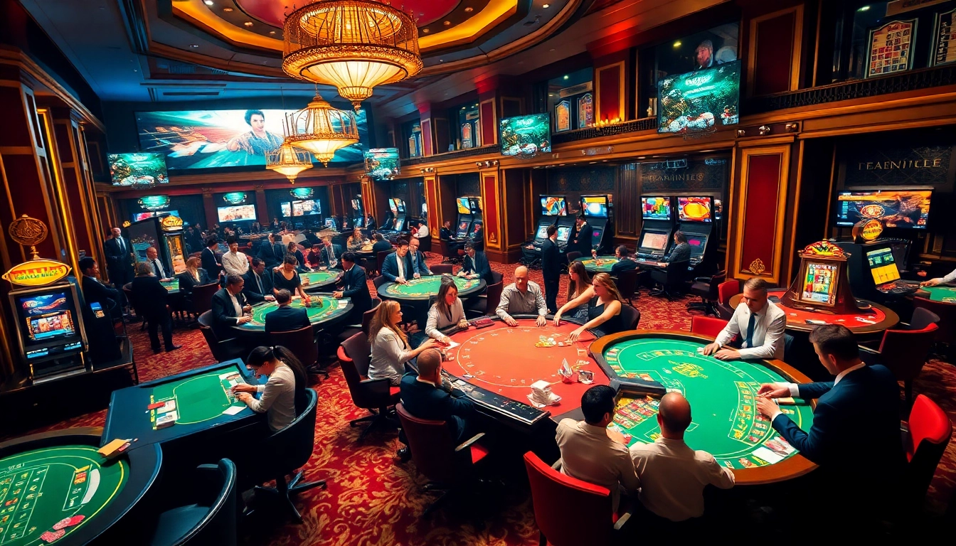 Scène de jeu passionnante mettant en avant le casino en ligne Français avec des joueurs profitant du poker et de la roulette.