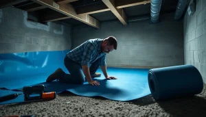 Vapor Barrier Installation process with a contractor sealing edges in a crawlspace.