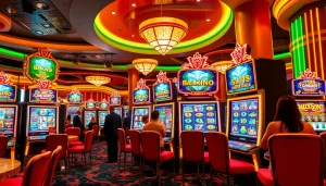 A lively PG slot machine experience with exciting players and vibrant casino atmosphere.
