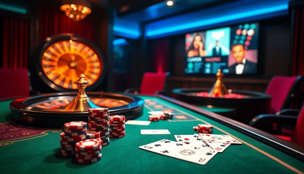 Découvrez des jeux palpitants dans un casino en ligne Français de premier plan avec des jetons de poker vibrants et une roulette.