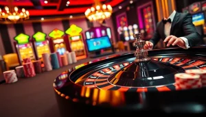 Scène captivante représentant un casino en ligne en France avec des éléments de casino vibrants et des actions de roulette.
