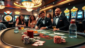 Un jeu palpitant dans un casino en ligne Français luxueux avec des jetons de poker, des cartes et une roulette.