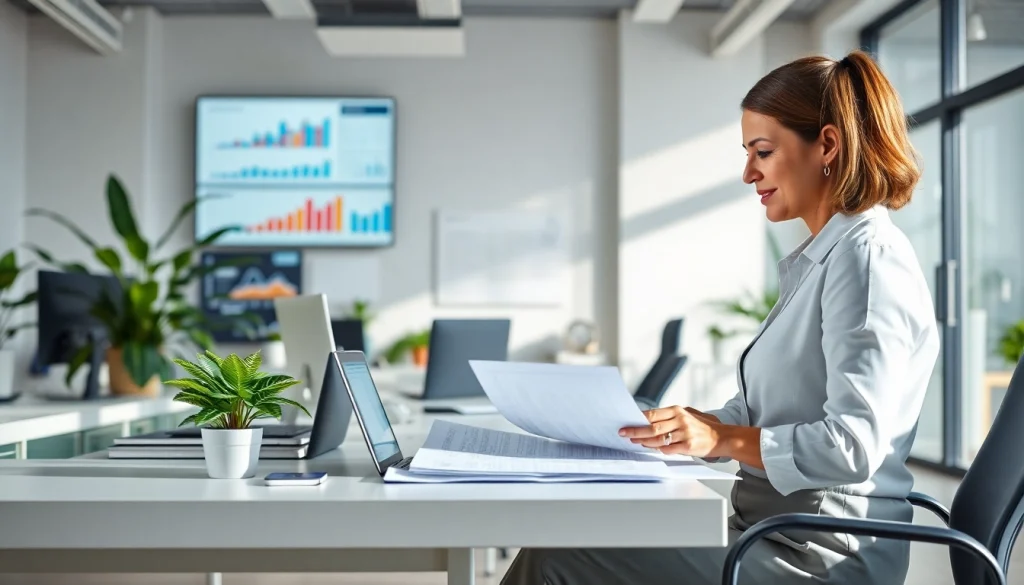 Usługi księgowe w profesjonalnym biurze rachunkowym z skoncentrowanym księgowym analizującym dokumenty finansowe.