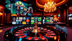 Découvrez l'excitation du casino en ligne Français avec des jetons de poker colorés et des roues de roulette.