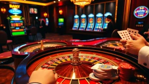 Découvrez l'excitation du casino en ligne France avec une scène de jeu en ligne dynamique comprenant la roulette et le poker.
