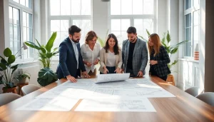 Residential architects for home renovation collaborating over blueprints in a bright, modern studio.