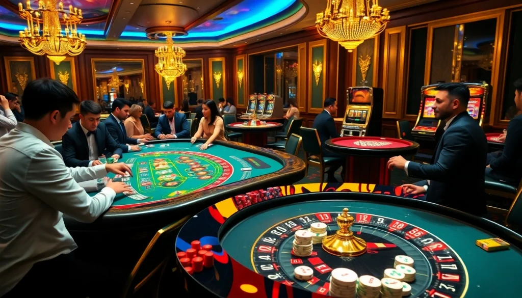 Joueurs engagés dans un casino en ligne français luxueux avec des tables de blackjack et de roulette.