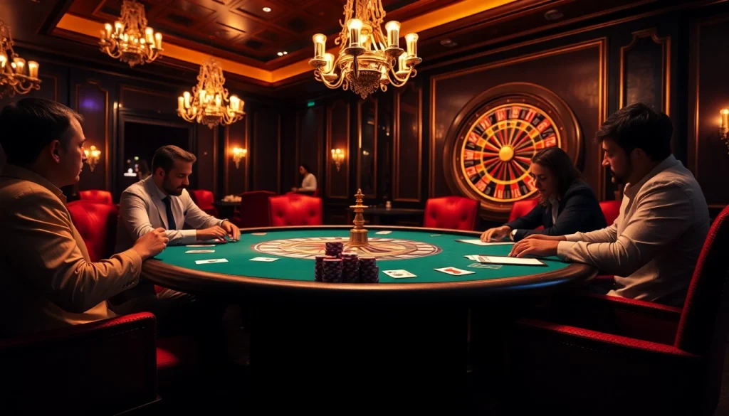 Vivez un gameplay palpitant à une table de poker luxueuse mettant en avant l'excitation des casinos en ligne français.