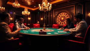 Vivez un gameplay palpitant à une table de poker luxueuse mettant en avant l'excitation des casinos en ligne français.