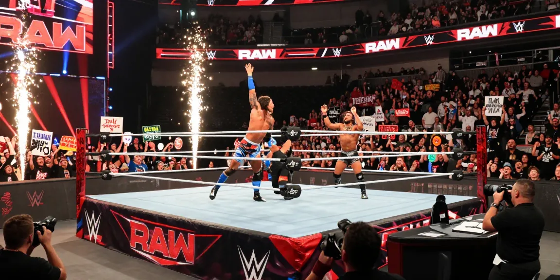 The electrifying atmosphere of WWE Raw with wrestlers in action and passionate fans in the arena.